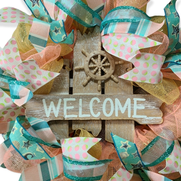 HANDMADE BEACH HOUSE WELCOME WREATH DECO MESH NAUTICAL SUMMER - Picture 2 of 2